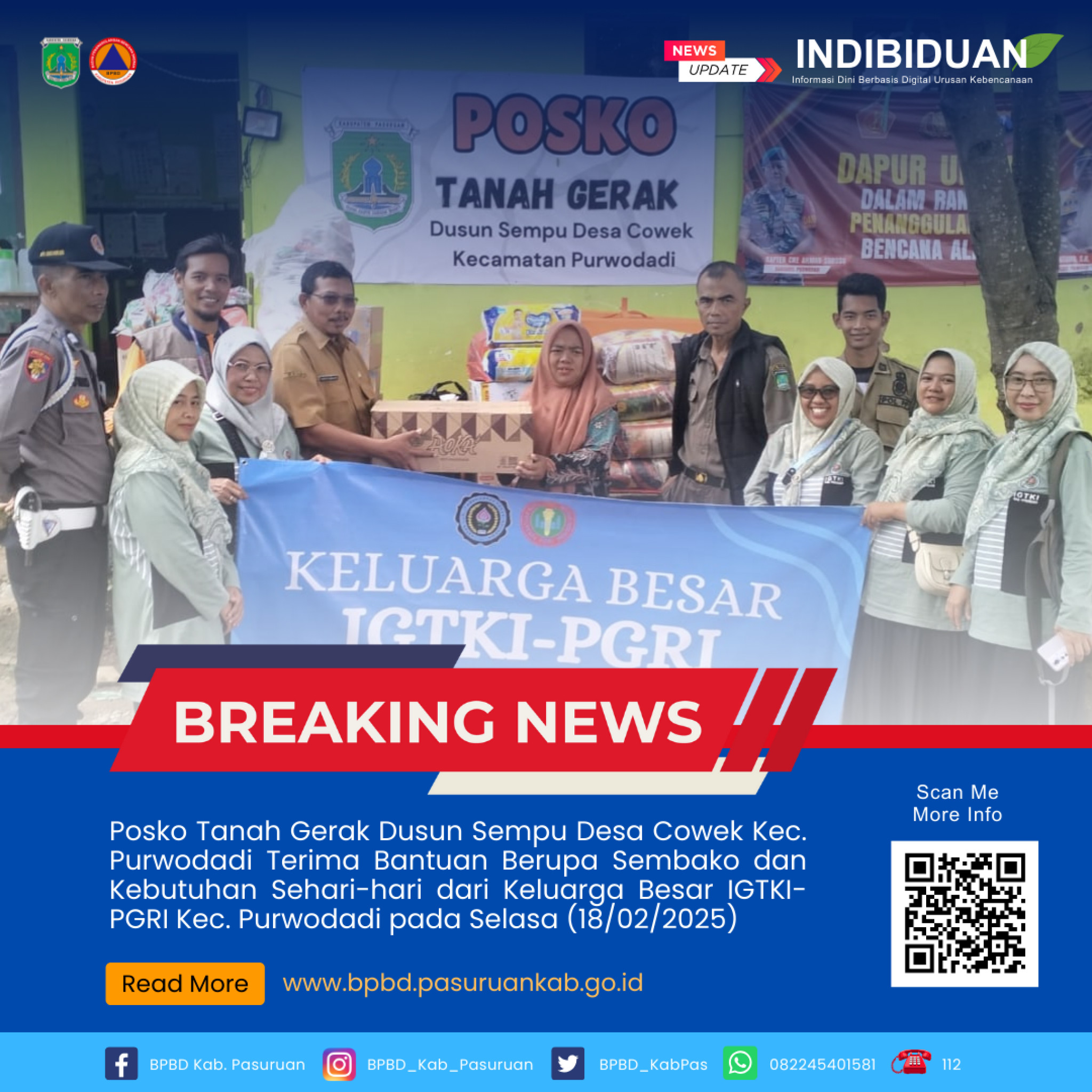 Posko Tanah Gerak Dusun Sempu Desa Cowek Kec. Purwodadi Terima Bantuan dari IGTKI-PGRI Kec. Purwodadi