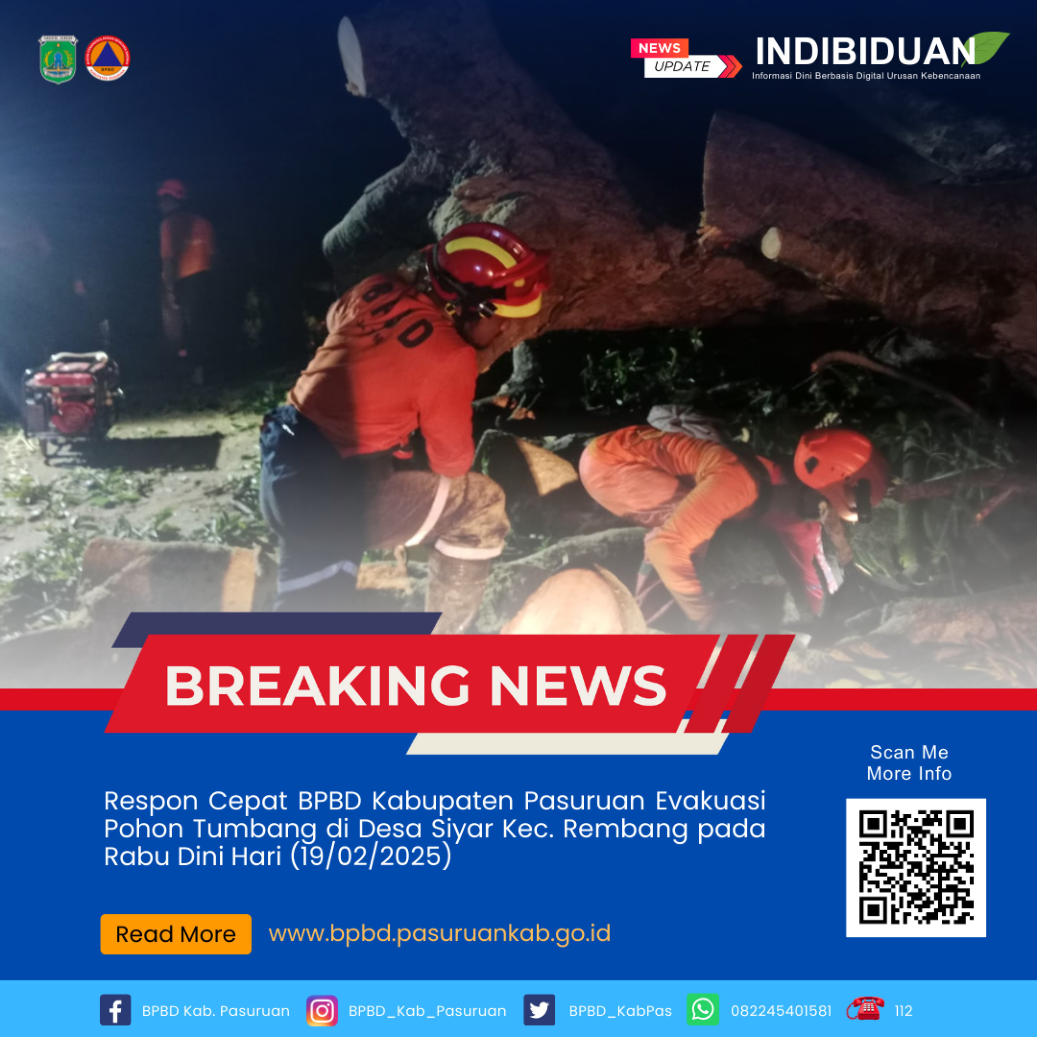 Respon Cepat BPBD Kabupaten Pasuruan Evakuasi Pohon Tumbang di Desa Siyar Kec. Rembang